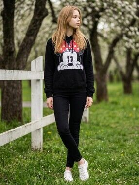 Minnie Mouse Hoodie Womens Peeking Pullover Sweatshirt Black Disney Size S